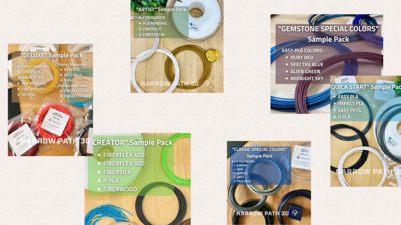 New Fiberlogy premium 3D printing filament sample packs are here exclusively at Narrow Path 3D
