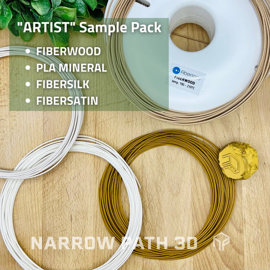 FIBERLOGY "ARTIST" 4X Pcs. FIBERWOOD, PLA MINERAL, FIBERSILK, FIBERSATIN, Filament Sample Variety Pack - Premium 3D Printing Materials