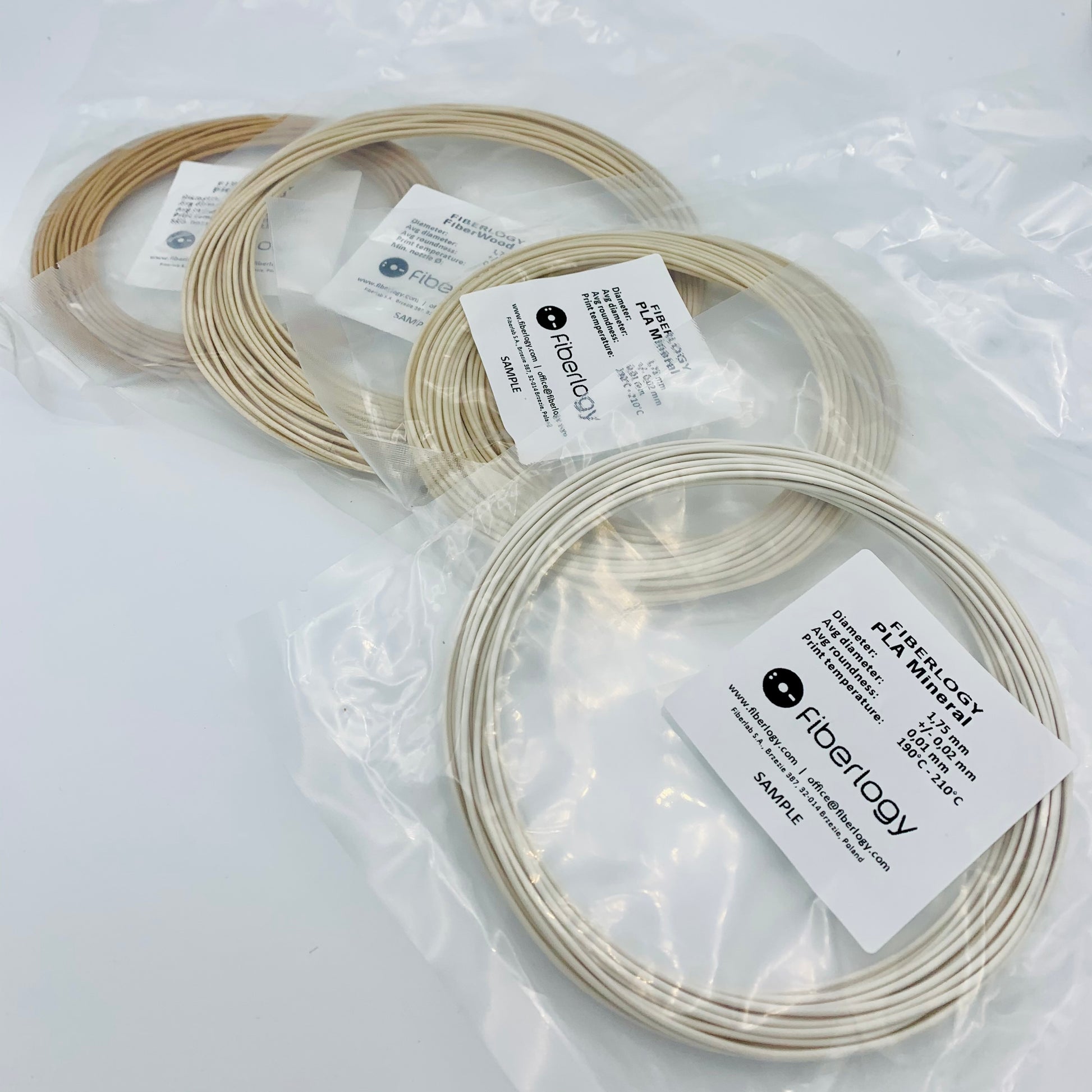 Fiberlogy Fiberwood and Mineral PLA 3D Printer Filament Samples