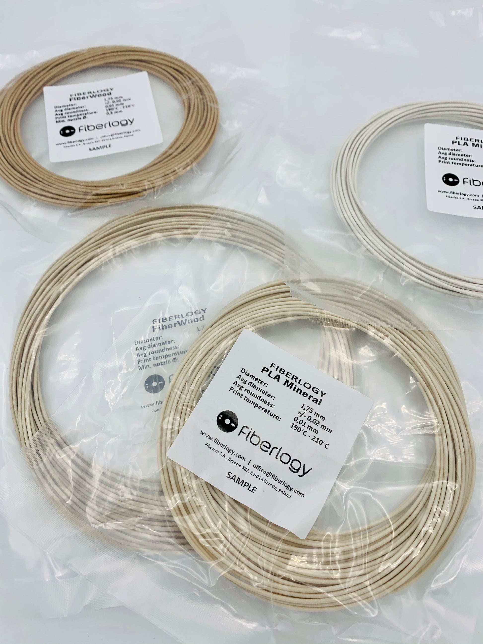 Fiberlogy Fiberwood and Mineral PLA 3D Printer Filament Samples Fiberwood Natural, Fiberwood White, PLA Mineral Natural and PLA Mineral White